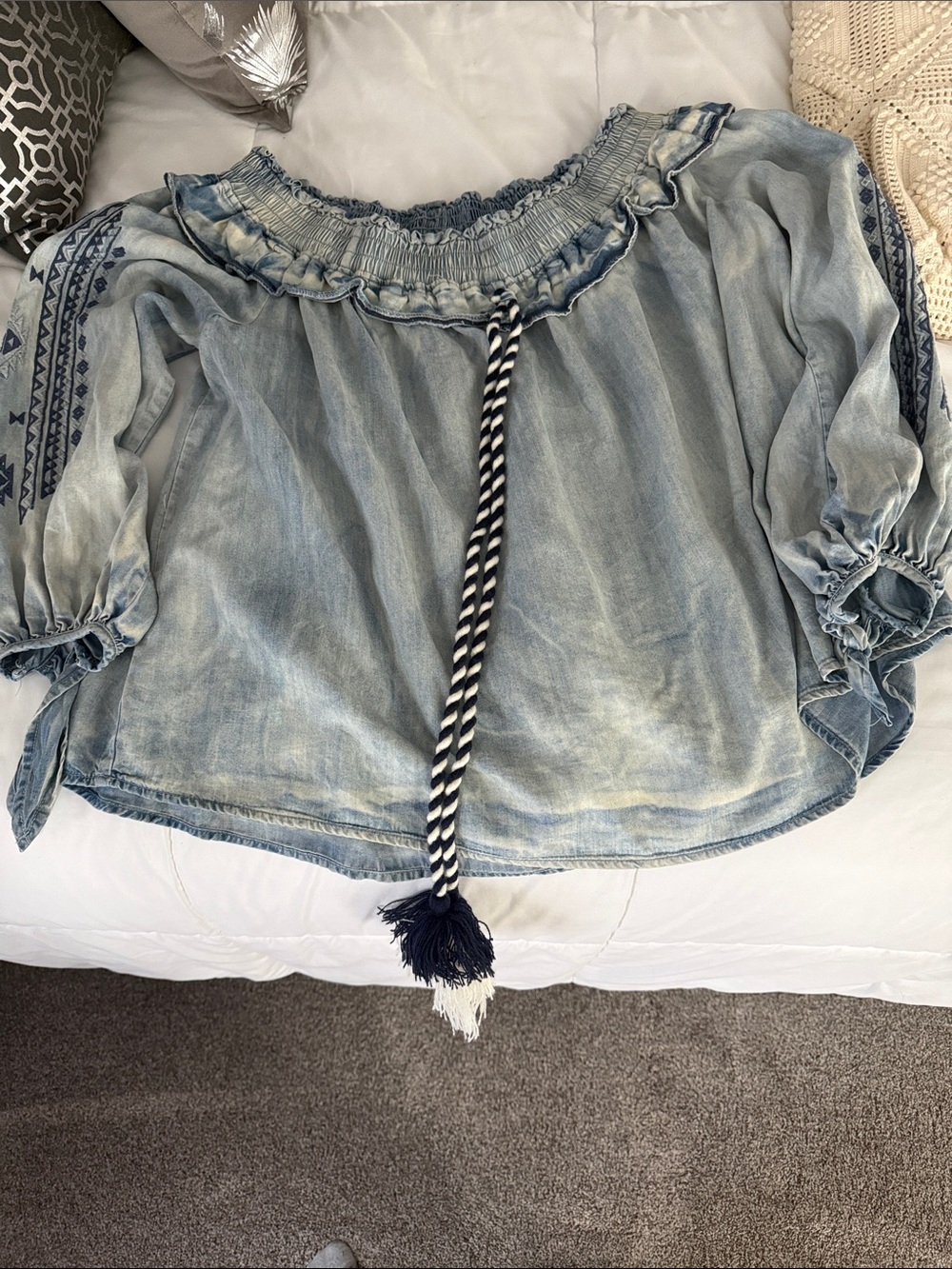 Smocked Neck Light Blue Denim Peasant Blouse